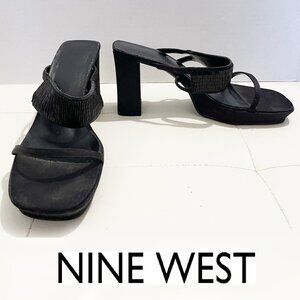 Nine West Black Vintage Block Heels Sandals w/Strap Embellishments | Size 10M